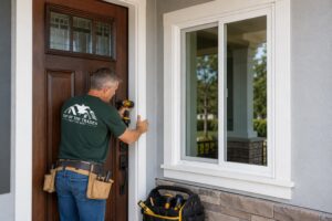 Craftsman entry door installation with vinyl window by Top Of The Trades in Upland CA